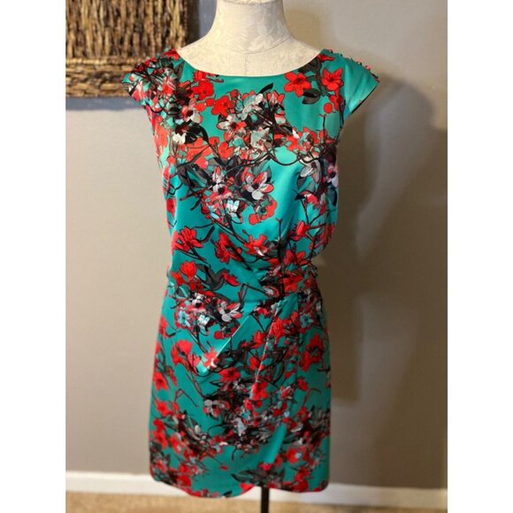 Jessica Simpson Dress 14 Green Red Cherry Blossom Silky Stretch Career Church - Picture 6 of 9